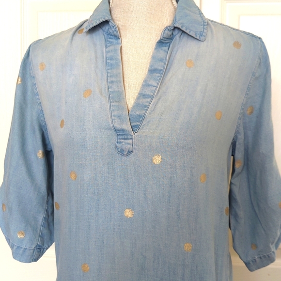 Anthropologie Cloth & Stone Gold-Dotted Chambray Dress - Picture 6 of 12